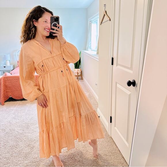 Emerson Fry India Collection Pink Peach Metallic Long Sleeve Maxi Dress M/L - Picture 1 of 16